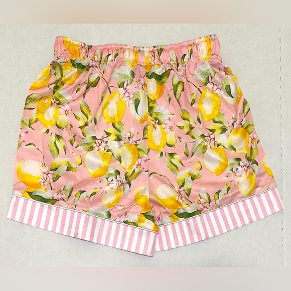 Womens L Pink w/ Yellow Lemon Print Long Sleeve Pajama Shorts Set Preppy Classic - Picture 10 of 16